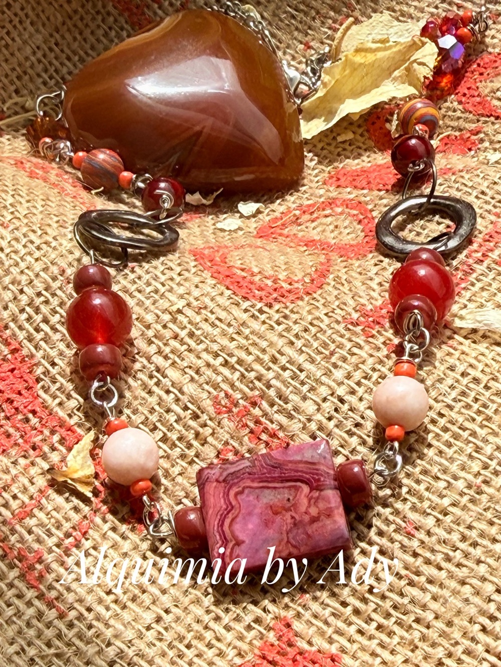 Fall + Pink and Red Agate Mixed-Stone + untreated ruby Necklace